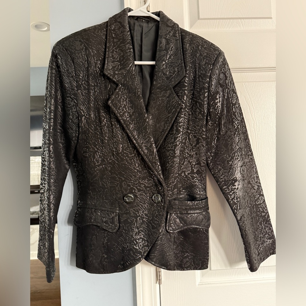 Vintage 80s Black Textured Double-Breasted Leather Blazer